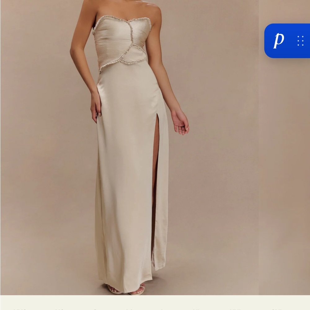 Strapless Champagne Evening Gown with Side Slit